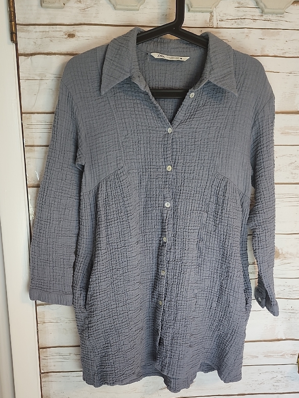 Zara Crinkled Button-Front Tunic Shirt Or Short Dress - Slate Blue